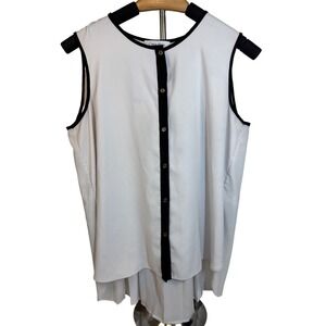 Calvin Klein Women's Sleeveless Pleated Blouse  M White Black Trim Gold Buttons